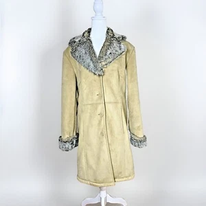 Liz Claiborne Women Faux Suede Winter Coat VTG Long Penny Lane 70s Tan Fur L - Picture 1 of 16