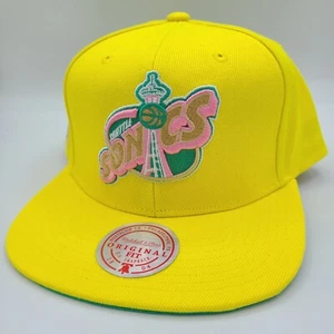 Seattle Supersonics Hat Mitchell & Ness LA Snapback Baseball Cap Yellow Retro - Picture 1 of 14