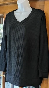 LILDY Black Tunic Top Split Sides  Waffle Knit Black High Low Hem Tunic - Picture 1 of 5