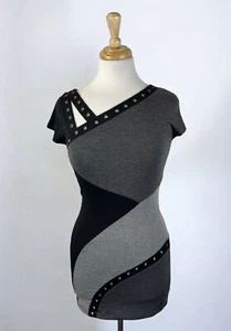 Gray Black Cut Out Tunic Top Grommets Punk Rock Grunge Goth Y2K Short Sleeve XXS - Picture 1 of 5
