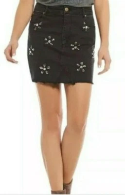 GIANNI BINI Denim Mini Skirt Size Large Women's BLACK  EMBELLISHED Floral - Image 1 of 4