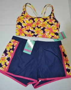 Women's Sports Bra & Shorts Set Medium Beach Floral Navy Pink Activewear - Picture 1 of 12
