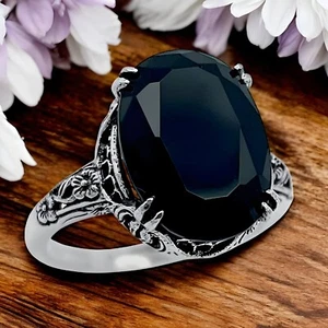 BLACK AGATE VINTAGE STYLE 925 SOLID STERLING SILVER FLORAL DESIGN RING    1349 - Picture 1 of 4