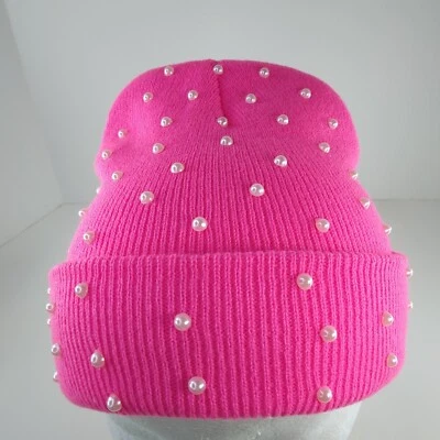 Женская простая вязаная шапочка с ярко-розовыми стразами - Изображение 1 из 4