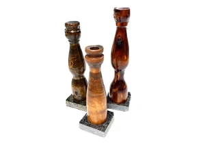 Vintage Set Candle Holders Wood Grain Pillars Marble Bases MCM Retro Decor - Picture 1 of 8