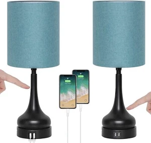 Set of 2 Touch Control Table Lamps w/ Fabric Shade & USB Ports for Living Room - Picture 1 of 8