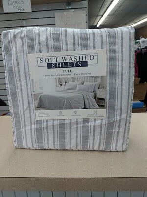 Oeko-Tex Soft Washed Full 6 Pc Sheet Set 100% Recycled Polyester striped - Image 1 of 4