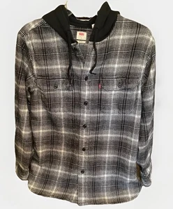 LEVI Worker Flanell Kapuzen Knopf Herren OverShirt schwarz-weiß kariert Gr. S - Bild 1 von 8