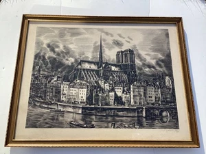 Radierung Notre-Dame Kathedrale Anfang 20. Jahrhundert Blick über die Seine - Bild 1 von 14