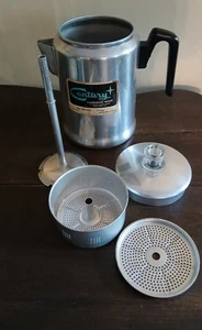 Cafetera percoladora de 9 tazas Century Aluminum Ware de colección con pegatina original - Imagen 1 de 11