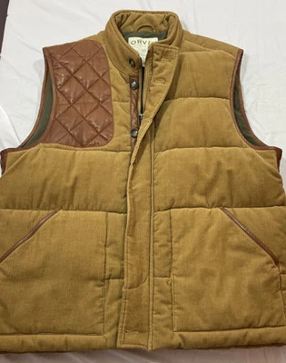 Orvis RARE Mens XL Corduroy Puffer Vest w/ Leather Pad Hunting Sportsman - Image 1 of 4