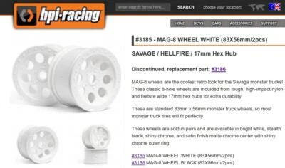 Original HPI3185 MAG-8 WHEEL WHITE 83X56mm/2pcs 1/8 RC SAVAGE HELLFIRE 17mm Hex - Image 1 of 4