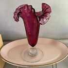 Vintage Murano Cranberry/Clear Ruffled & Ribbed Glass Vase 8.5
