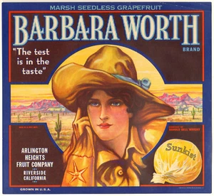*Original* BARBARA WORTH Riverside Cowgirl Grapefruit Crate Label NOT A COPY! - Picture 1 of 1