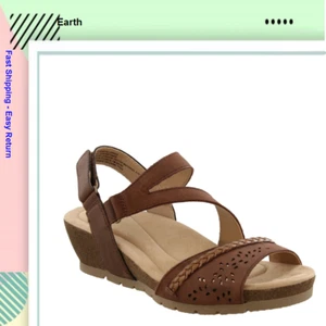 Earth Origins Leather Asymmetrical Strap Wedges- Kendra Karla Almond, Sz 7 M - Picture 1 of 7