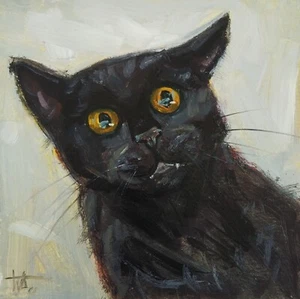 Dipinto olio originale ritratto di divertente gatto nero 5x5 pollici - Foto 1 di 6