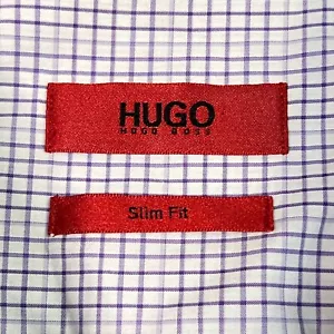 HUGO BOSS Shirt Mens 15.5 Purple White Check Red Label Slim Fit 34/35 Everett X - Picture 1 of 8