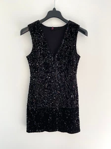 Mini Shift Dress Sequin Black V Neck Motel Rocks UK 10 - Picture 1 of 6