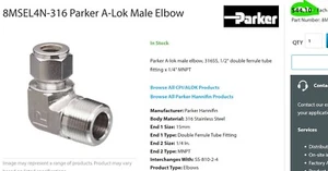 1/2 Tube OD x 1/4 MNPT 316ss Male Elbow Compression Fitting Parker 8MSEL4N-316 - Picture 1 of 6