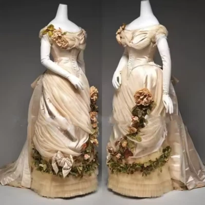 Champagne History Garment 3D Floral Wedding Dresses Bustle Victorian Ruched - Image 1 of 4