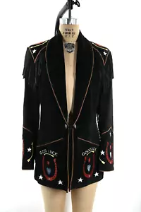 Vintage Black Good Luck Horseshoe Suede Cowgirl Western Fringe Jacket Stagecoach - Picture 1 of 8