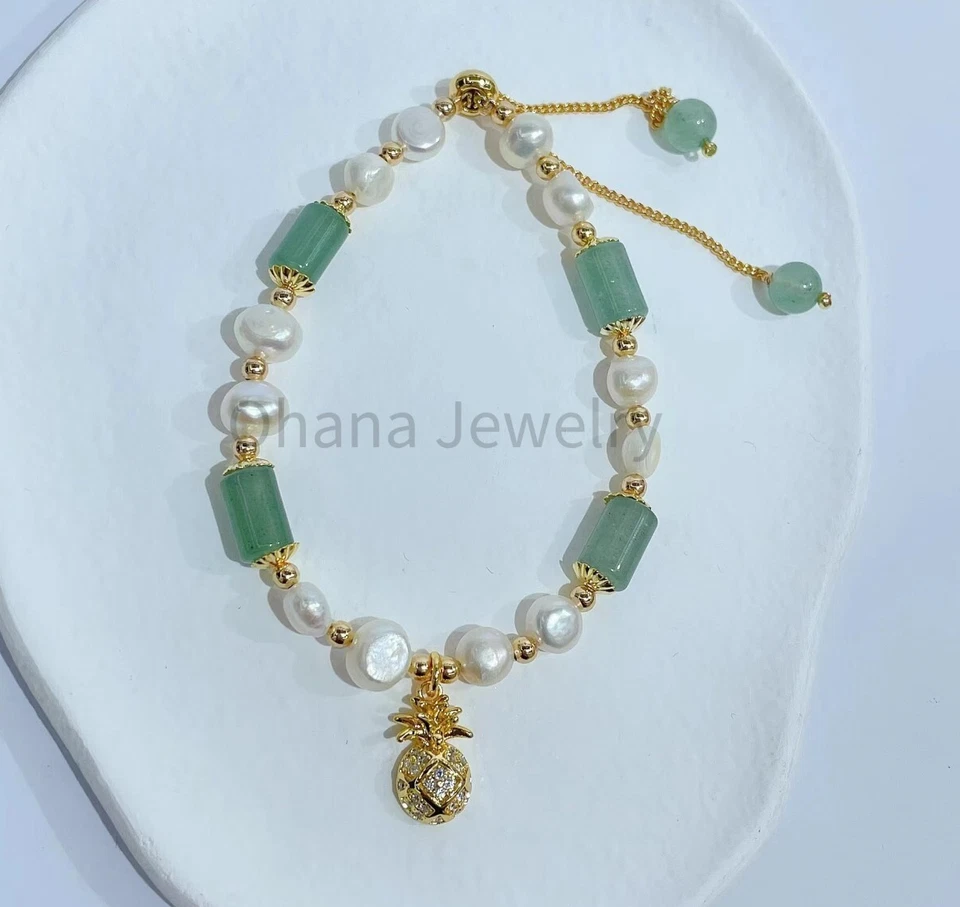 Pulsera de cobre ajustable con perlas de agua dulce de jade verde natural - circonita cúbica piña Foto 1 de 1