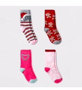 2 PACK of CAT & JACK Girls’ Crew Socks 4pk Holiday Theme - Sz L (3-10) - Picture 1 of 7
