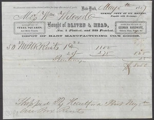 NY ~ BLIVEN & MEAD, STEEL SQUARES, GERMAN HARDWARE, GUNS, BILLHEAD 1857 Boardman - Picture 1 of 2