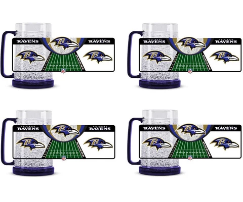 New 4pc Set NFL Baltimore Ravens 16oz Crystal Freezer Mugs Cup - BPA LEAD FREE Cover