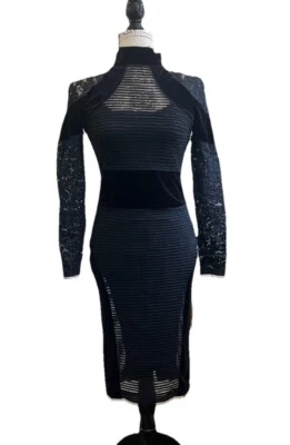 Vestido Tracy Reese Negro Bodycon Malla Encaje Terciopelo Cuello Simulado Día de San Valentín S/P Foto 1 de 4