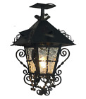 Grande Lanterne Française Antique Années 1900 avec auvent en fer noir orné défilement