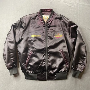 Vintage Universal Studios Hollywood Black Satin Bomber Jacket 24.5x28 Size XL? - Picture 1 of 17