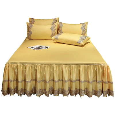 Colcha de encaje de algodón satinado de lujo con volantes falda de cama queen sábanas completas king Foto 1 de 4