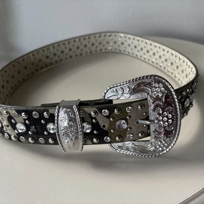 BHW Camo Green Western Cowgirl Bling Cross Studded Leather Canvas Belt Sz M - Image 1 of 4