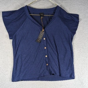 W5 Top Womens Size Large Blue Short Sleeve Button Up Top Circle Patterned NEW - Picture 1 of 6