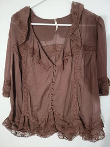 Free People Sz S Brown Lace Trim Gauzy Blouse - Picture 1 of 15