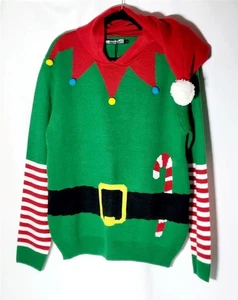 Xmas Elf Hoodie Sweater QUALFORT M Long Sleeve Pullover Unisex V-Neck Jumper - Picture 1 of 4