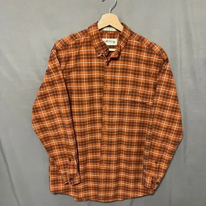 Orvis Cotton Plaid Flannel Shirt Button Up Long Sleeve Orange Brown Mens Size M - Picture 1 of 5