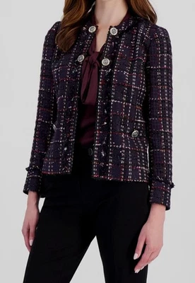 Anne Klein Women's Blue Open-Front Long-Sleeve Tweed Jacket Size 16 - Image 1 of 2