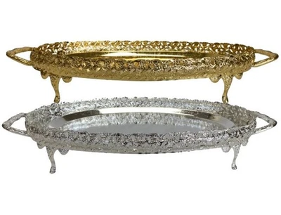 Silver Gold Plated Oval Serving Tray Plate Gallery Platter Paandan With Handles - Image 1 of 2