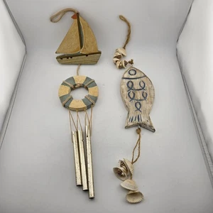 ​Vtg Rustic Nautical Wood Wind Chime Sailboat Fish Lot Of 2 Coastal Beach Decor - Picture 1 of 16