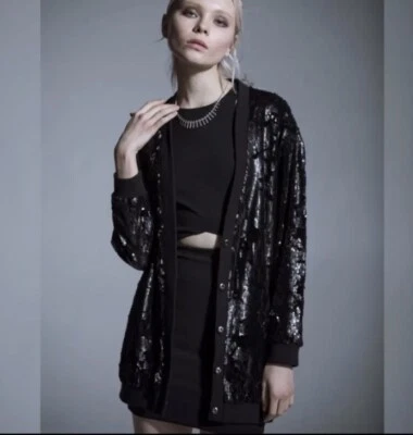Chaqueta Cárdigan Jack Meets Kate Terciopelo y Lentejuelas Abotonada Negra De Gran Tamaño Foto 1 de 4