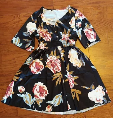 Mint Limit Womens Floral Fit Flare Above Knee Length Dress Black Size Medium NEW - Image 1 of 4