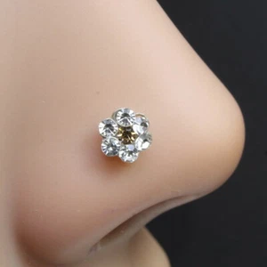 Silver Plated Ethnic Handmade Brown white crystal Piercing Nose stud push pin - Picture 1 of 3