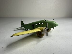 Vintage 1940s Wyandotte Pressed Steel Airplane, Dual Propellers, Green & Yellow