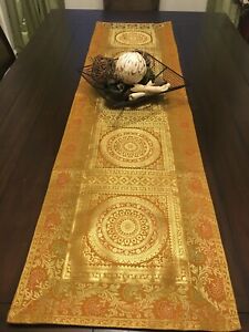 Table Runner/ Wall Tapestry, Brocade, 70 Inch, Silk,  Dark Gold, Mandala, Formal
