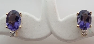 14k Solid Yellow Gold JCR Designer Iolite & Diamond Stud Estate Earrings - Image 1 of 4