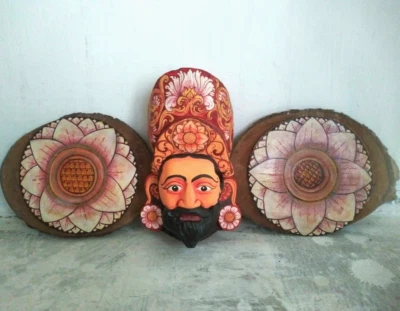 Máscara de rajá Kolama talla tradicional de Sri Lanka 100 % hecha a mano decoración de pared cultural Foto 1 de 4