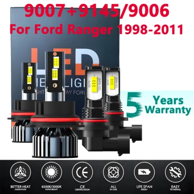 For Ford Ranger 1998-2011 Combo 9007 LED Headlight 9145 Fog Bulbs Super Bright - Image 1 of 4