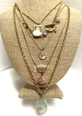 Colar de corrente multicamadas tom dourado pedra aquática rosa cristal pérola berloques - Imagem 1 de 4